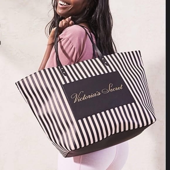 Weekend BAG VICTORIAS SECRET Tote Bag Pink Black Stripes Shopper Travel Bag - Picture 1 of 8